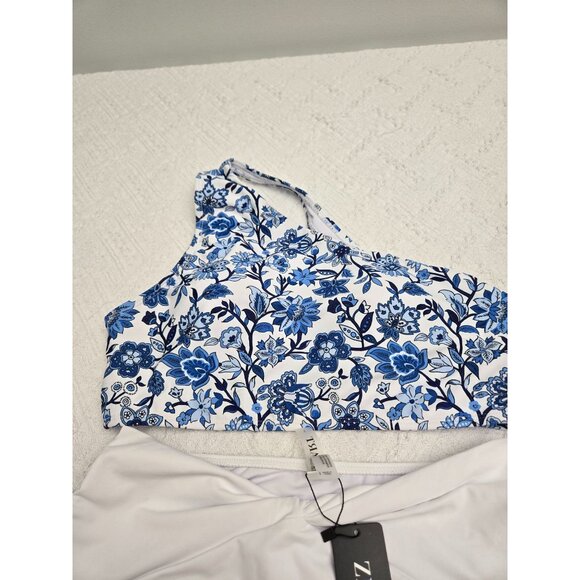 Floral Blue One-Shoulder Top & White Bikini bottom Set Size Large - Picture 2 of 4